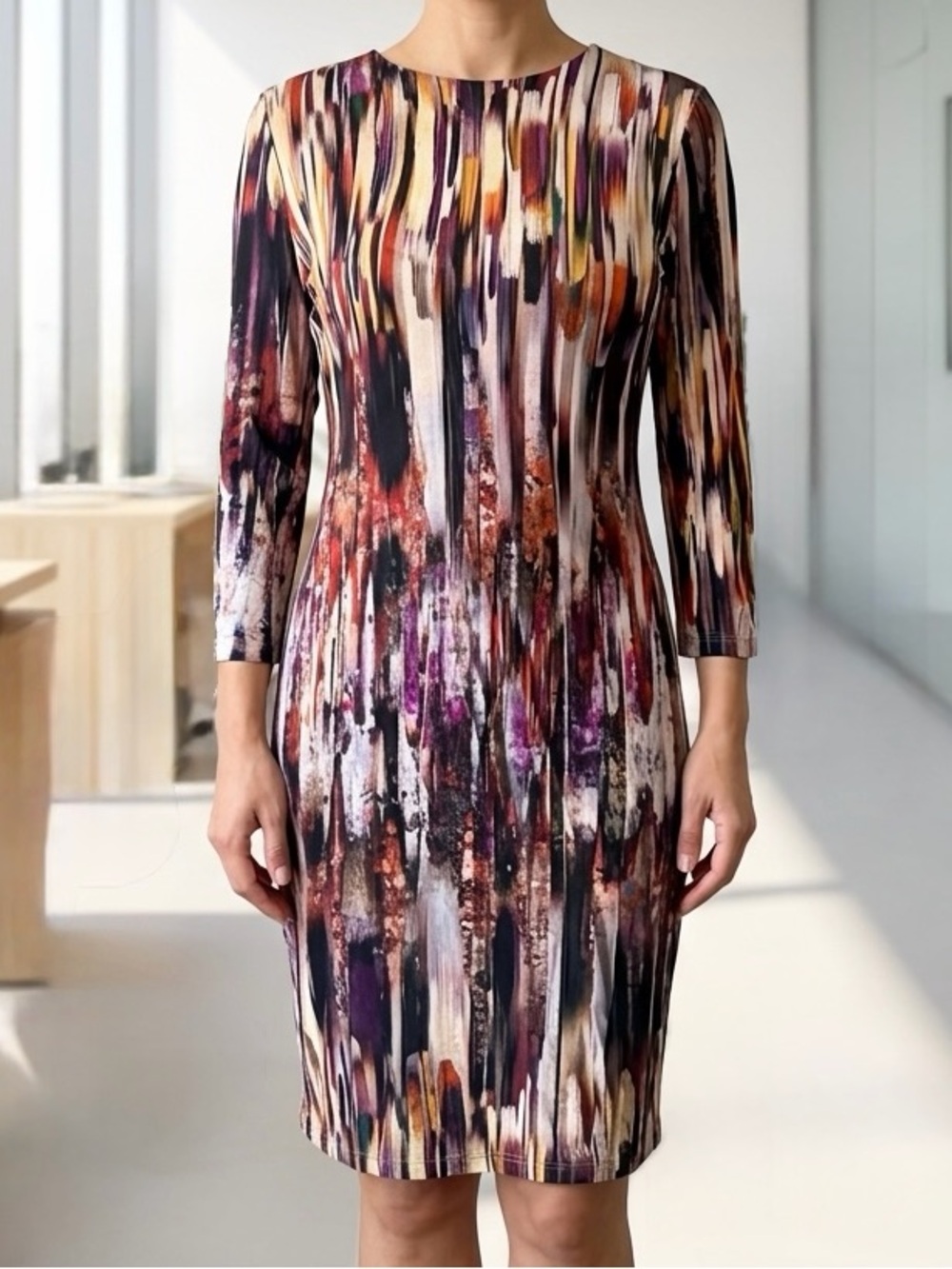 Karen Kane Abstract Print Sheath Dress M 3/4 Sleeve Office Work Dinner LIKE NEW